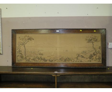 A VINTAGE OAK FRAMED TAPESTRY WALL HANGING DEPICTING AN ITALIAN VOLCANO 61 X 151 CM