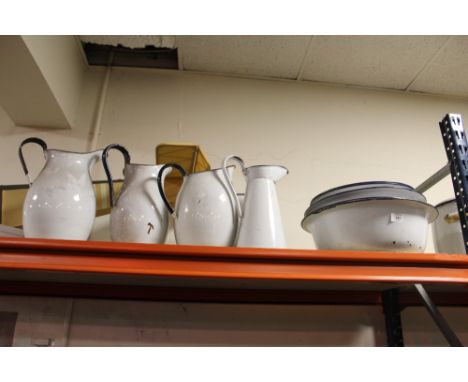 St Mary's Abbey - A QUANTITY OF VINTAGE ENAMEL BLUE AND WHITE JUGS AND BOWLS OF ASSORTED SIZES