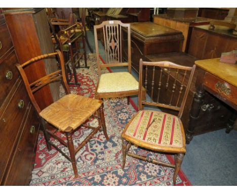 THREE EDWARDIAN OCCASIONAL CHAIRS TOGETHER WITH A FIRESCREEN (4)