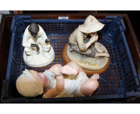 A MINTON TRAVELLER'S TALES FIGURES TOGETHER WITH A CERAMIC FIGURES OF A BABY AND ANOTHER, VARIOUS RESTORATION THROUGHOUT (3)