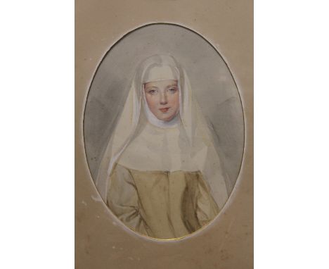 St Mary's Abbey - AN ANTIQUE FRAMED AND GLAZED OVAL WATERCOLOUR PORTRAIT STUDY OF A NUN WITH INFORMATION VERSO SIZE - 23CM X 