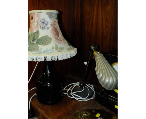 A VINTAGE ANGLE POISE DESK LAMP WITH SHELL SHAPED SHADE, TOGETHER WITH A VINTAGE GLASS BOTTLE CONVERTED TO A TABLE LAMP