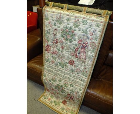 A VINTAGE WALL HANGING TAPESTRY WITH FLORAL AND FIGURAL DETAIL, 128 X 55 CM