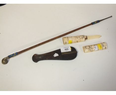 AN ANTIQUE LETTER OPENER TOGETHER WITH AN ENAMEL PIPE AND AN OAK CASED SCALE (3)