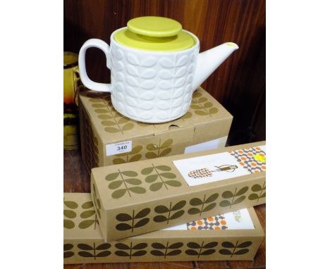 A BOXED ORLA KIELY HOUSE SHAPED TEA POT TOGETHER WITH TWO BOXED ORLA KIELY HAND TOOLS