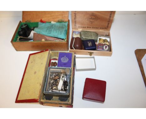 THREE BOXES OF COLLECTABLES TO INCLUDE CUFFLINKS, ENAMEL BADGES, BONE HANDLED SEAL ETC.