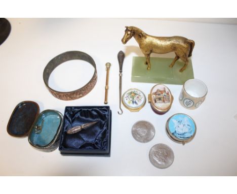 A BOX OF COLLECTABLES TO INCLUDE A HALLMARKED SILVER CORN SKEWER , ENAMEL BOXES, PEN ETC.