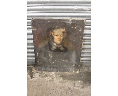 AN ANTIQUE UNFRAMED OIL ON CANVAS PORTRAIT STUDY OF A LADY A/F-HOLES TO CANVAS AND PAINT LOSS SIZE - 76CM X 63CM 