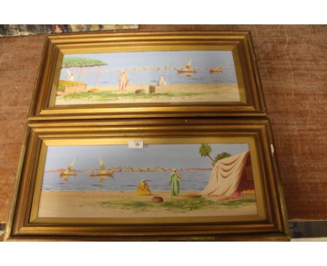 A PAIR OF GILT FRAMED AND GLAZED WATERCOLOURS DEPICTING EASTERN RIVER SCENES WITH FIGURES SIGNED M DERWENT PICTURE SIZE - 55C