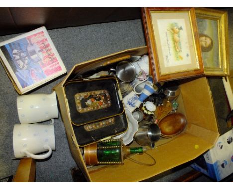 A LARGE BOX OF ASSORTED HOUSEHOLD SUNDRIES TO INCLUDE A MUSICAL COPPER AND GLASS DECANTER, CERAMIC JUGS, FERGUSON REEL TO REE
