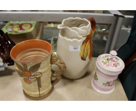 A CLARICE CLIFF JUG, CHARLOTTE RHEAD JUG &amp; A PORTMEIRION SUGAR POT (3)