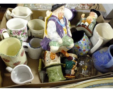 A BOX OF CERAMIC JUGS TO INCLUDE A WEST GERMAN EXAMPLE, WHISKEY JUGS ETC. TOGETHER WITH THREE TOBY JUGS TO INCLUDE TWO ROYAL 