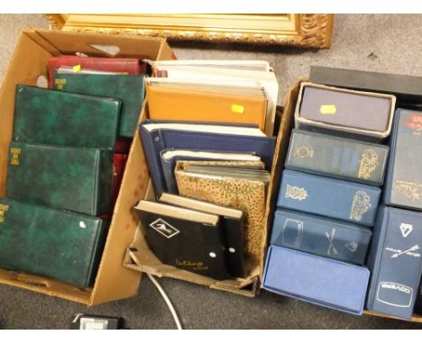 A COLLECTION OF WORLD STAMP ALBUMS AND CONTENTS&nbsp;TOGETHER WITH TWO BOXES OF EMPTY FIRST DAY COVER ALBUMS