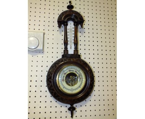 AN ANTIQUE CARVED OAK WALL BAROMETER, H 48 CM