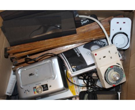 TWO BOXES OF VINTAGE AND MODERN ELECTRICALS TO INCLUDE VINTAGE CAMERAS AND ACCESSORIES