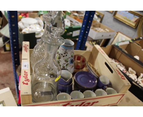A BOX OF CERAMICS AND GLASSWARE TO INCLUDE DECANTERS, CARLTONWARE PART COFFEE SET ETC