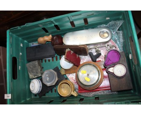 A BOX OF COLLECTABLES TO INCLUDE A CASED PATENT CHRONOMETER, YEAR 2000 TIME CAPSULE, BAROMETER ETC
