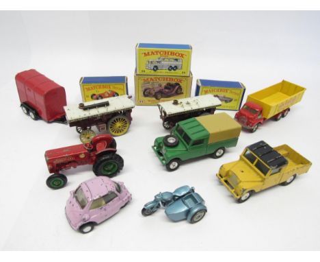 Three boxed Lesney Matchbox Series diecast vehicles to include #27 Cadillac Sedan, #52 Maserati 4CLT/1948 and #66 Greyhound B