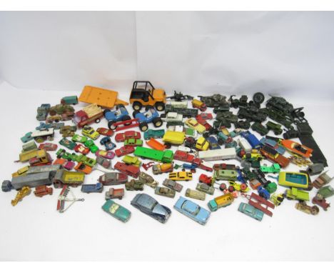A collection of playworn diecast vehicles including Triang Spot-On Ford Zodiac, Rolls Royce Silver Wraith and MG A, Dinky, Co