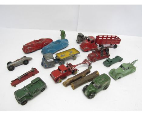 A collection of mixed playworn diecast model vehicles including Charbens Fire Engine with ladder and three figures, Charbens 