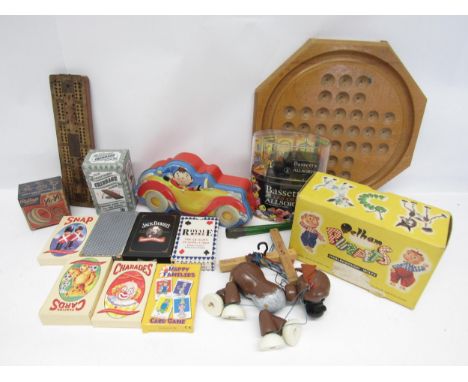 Mixed toys and games including boxed Pelham Puppets 'Bengo' marionette, card games, solitaire board, Lledo diecast Bassetts L
