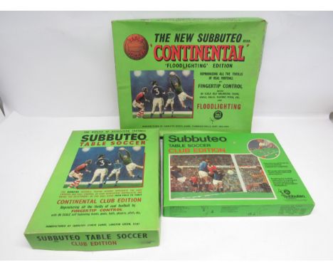 Three 1970s Subbuteo table football sets to include Club Edition, Continental Club Edition and Continental Floodlighting Edit