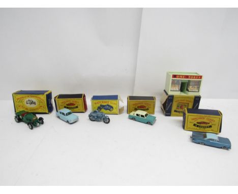 Four boxed Lesney Matchbox Series diecast vehicles to include no.4 Triumph Motorcycle &amp; Sidecar, no.7 Ford Anglia, no.43 