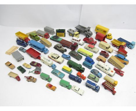 A collection of loose and playworn diecast vehicles and accessories inlcuding Lesney Matchbox Series, Corgi, Dinky, Budgie, a
