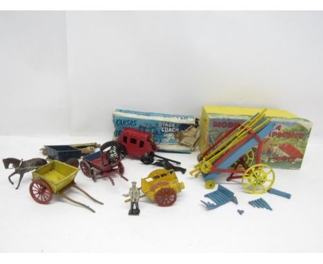 A boxed Crescent Toys Modern Farm Equipment hay loader (metal fatigued), Morestone Kansas To Texas Stage Coach with box remai