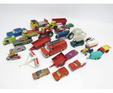 A mixed group of loose diecast vehicles including Britains Lambretta, Britains tractors, Dinky, Corgi, Lesney Matchbox Series