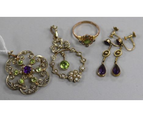 Two Edwardian 9ct gold gem set pendants, in Suffragette colours, a cluster ring and a pair of drop earrings