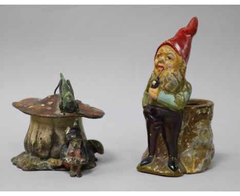Cold painted bronze inkwell and spelter metal tidy