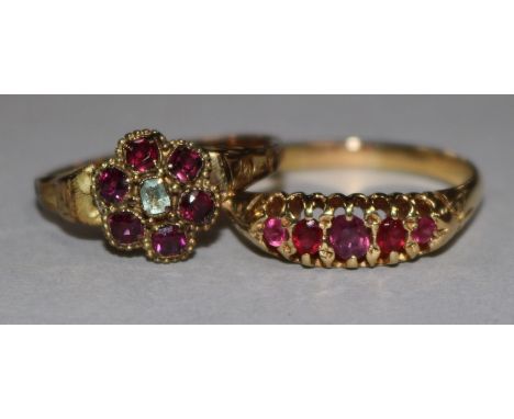 A Victorian gem set gold cluster ring and a five stone ruby ring