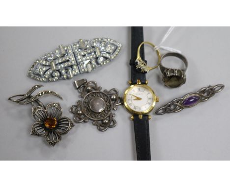 A Gucci ladies' wristwatch, cased, a small sapphire and diamond ring, four items of silver jewellery and a paste-set clip