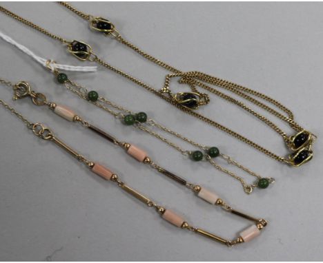 A 9ct gold and coral bracelet, a jade bead set bracelet and a necklace