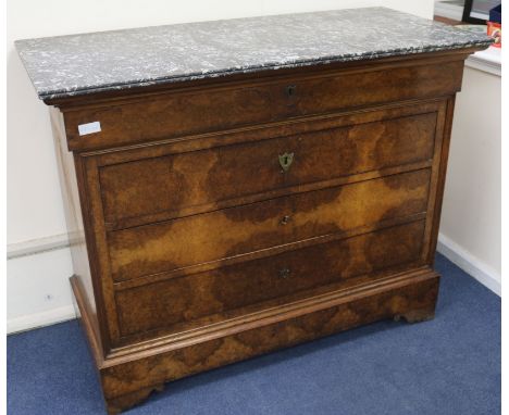 A 19th century French walnut marble top commode, W.128cm