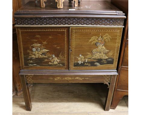 An early 20th century 78rpm wind-up gramophone player in chinoiserie-decorated cabinet, W. H. Barnes, London, painted and app