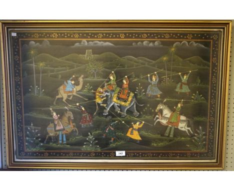 A Contemporary Indian painting on fabric, depicting hunters hunting a tiger in landscape.