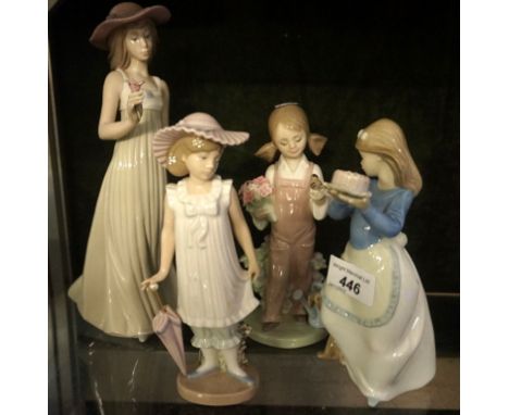A group of four Nao and Lladro figures to include a Lladro figure of a girl holding a bird, with a watering can, a Nao Lladro