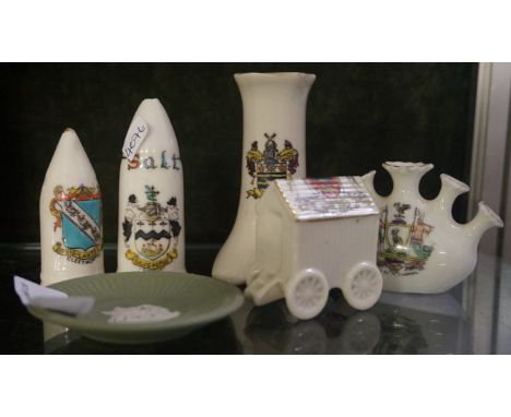 A group of five crested ware china items, to include an Arcadian bathing cart, a Carltonware crested china vase, two crested 