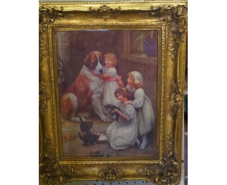 A modern print depicting children playing with a St Bernard dog.