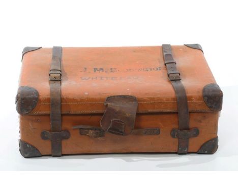 A large 1930s/40s Vintage trunk , the vulcanised fibre trunk, applied with brown leather and studded corner pads, leather str
