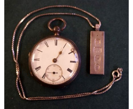 A silver pocket watch with secondary dial, together with, a silver ingot pendant and chain weight 0.8 troy oz (2). 
