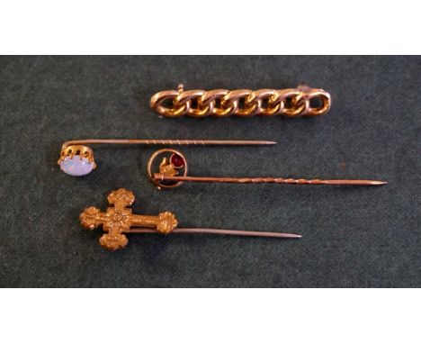 A 9ct gold 'Suffragette' chain link bar brooch together with, three stick pins, weight combined 2g (4).
