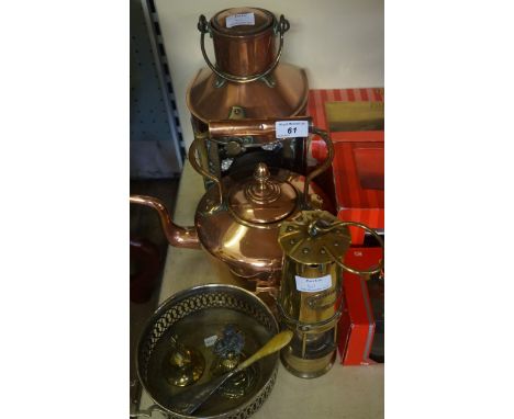A mixed lot of assorted metalware to include a copper ships lantern, copper tea kettle, brass miners lamp etc.
