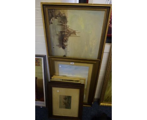 Six assorted watercolours and prints to include a pair of hunting scenes examples etc.