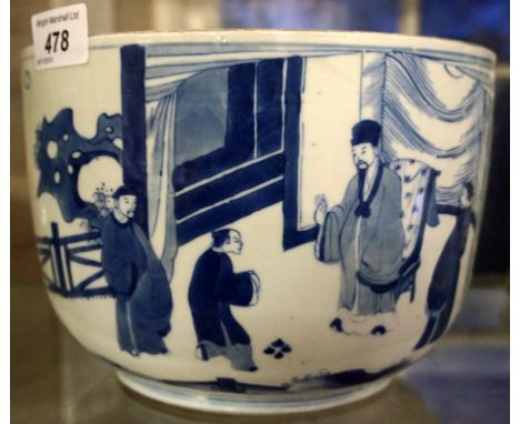 A  17th/18th Century Chinese blue and white planter with figural scenes in outdoor landscape (af).