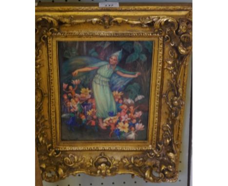 A modern oleograph depicting fairies playing in landscape.