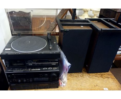 A good quality Denon record player with Aiwa cassette player, trio stereo unit, pioneer CD player with assorted speakers. 