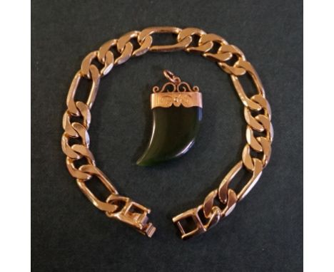 A 9ct gold and jadeite claw pendant together with, a gold plated chain bracelet (2)
